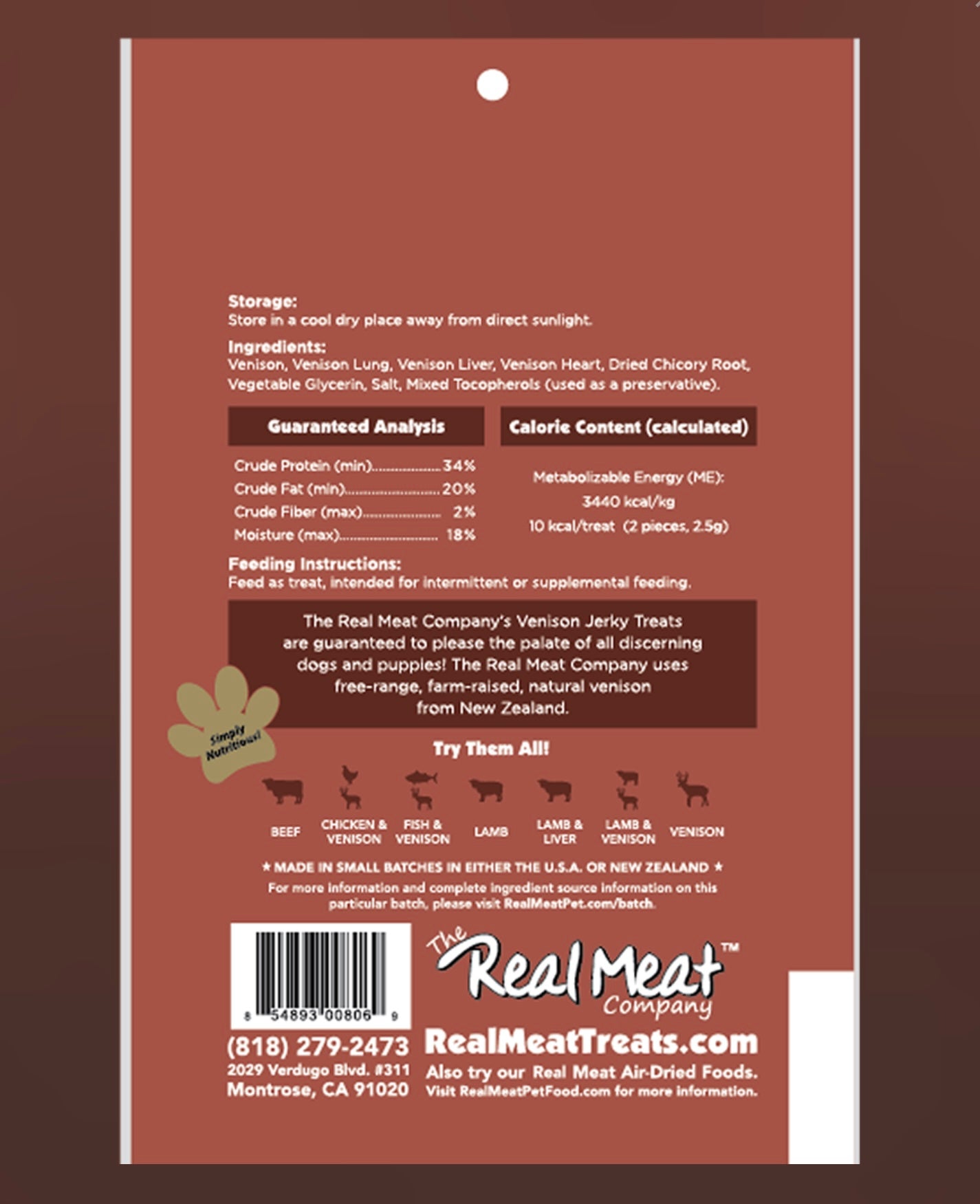 Real Meat All natural Venison Recipe Jerky Treats 4oz