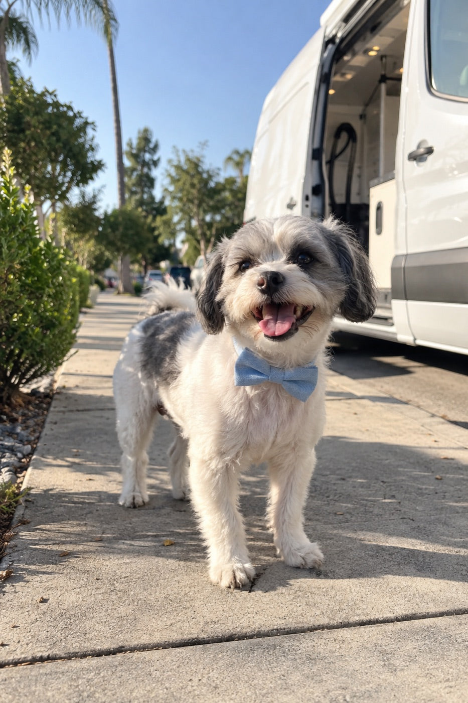 Editorial scene of a small dog wearing a pale blue bow tie outdoors