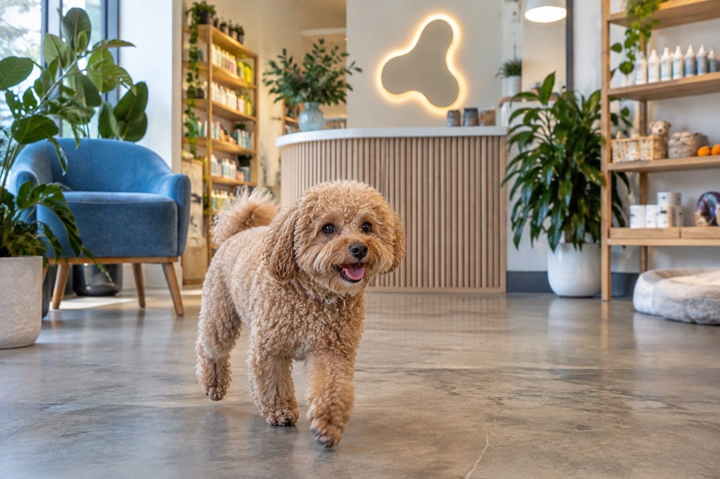 Editorial scene of a small dog walking through a modern grooming shop