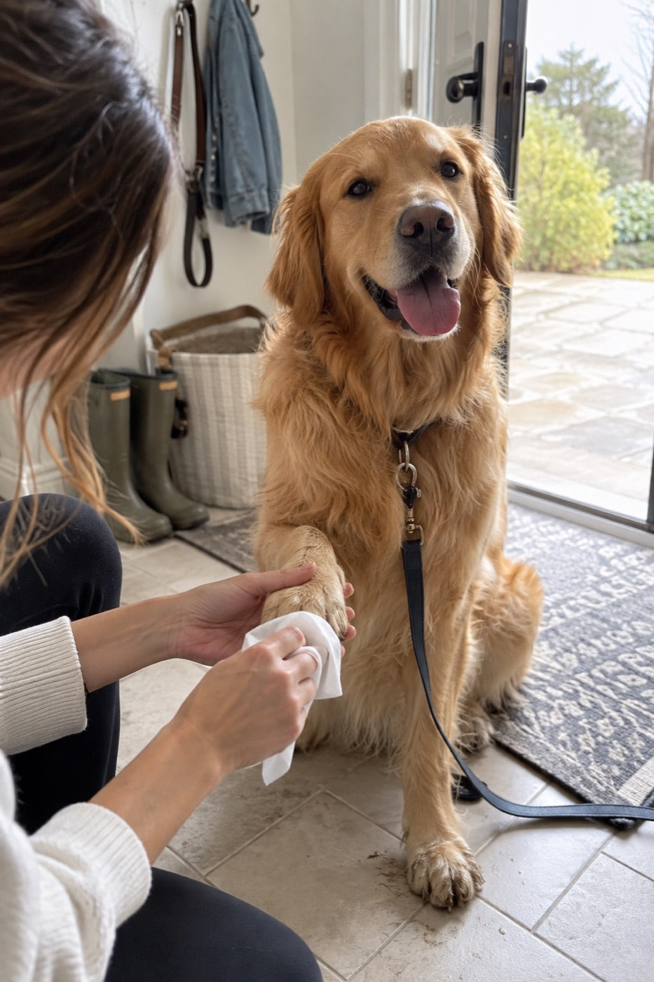 Editorial scene of a dog's paw being wiped at home after a walk
