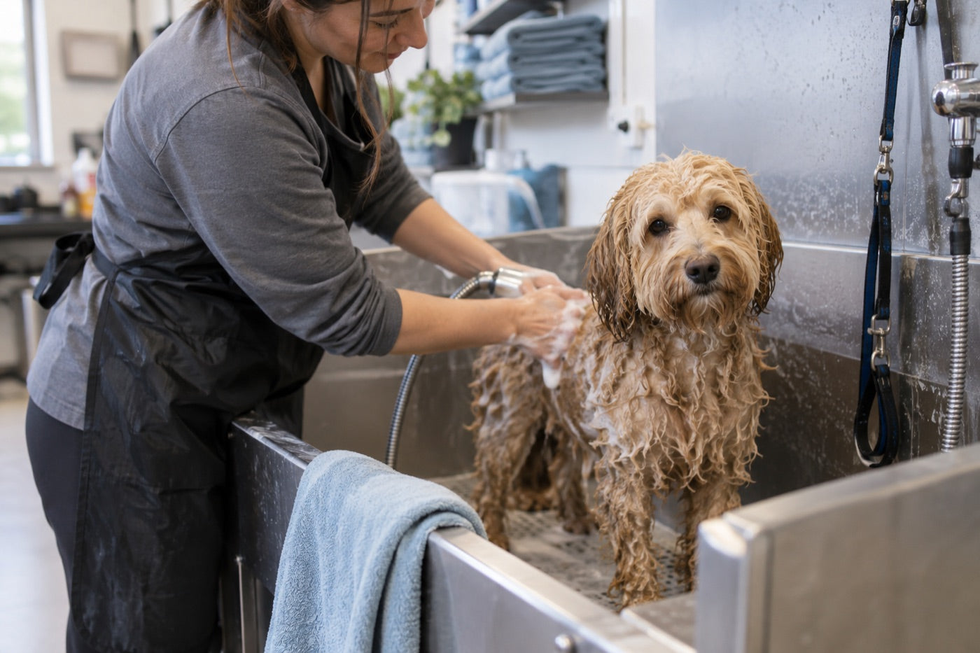 Editorial scene of a wet dog being bathed in a grooming tub