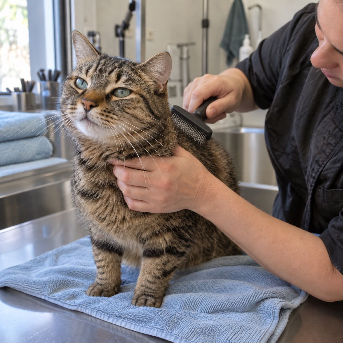 Editorial scene of a tabby cat being gently brushed